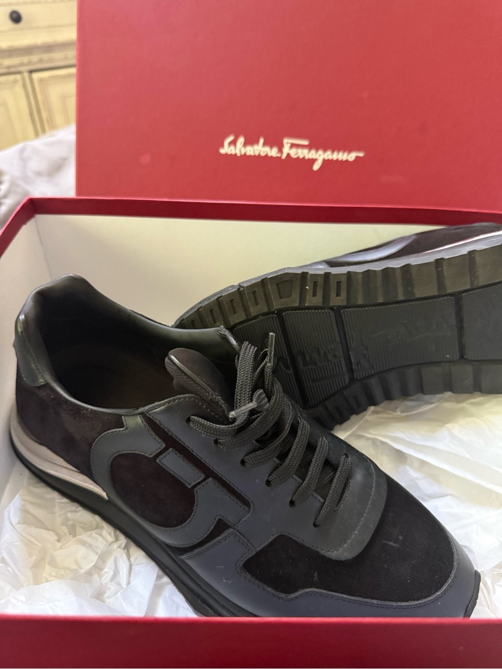 Salvatore Ferragamo Men's Dark Brown Suede Sneakers with Metallic Silver Heel - Picture 6 of 7